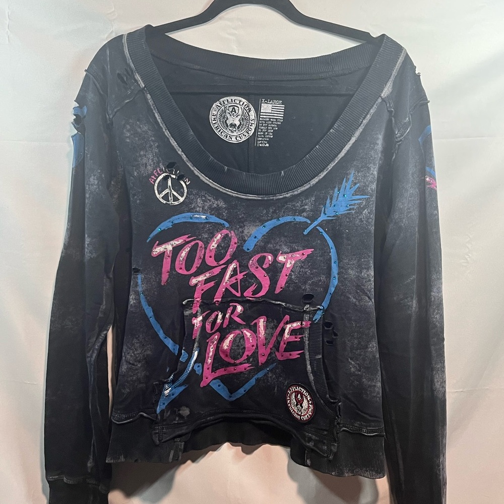 Affliction Black Graphic 'Too Fast for Love' Sweatshirt with Pink & Blue Accents